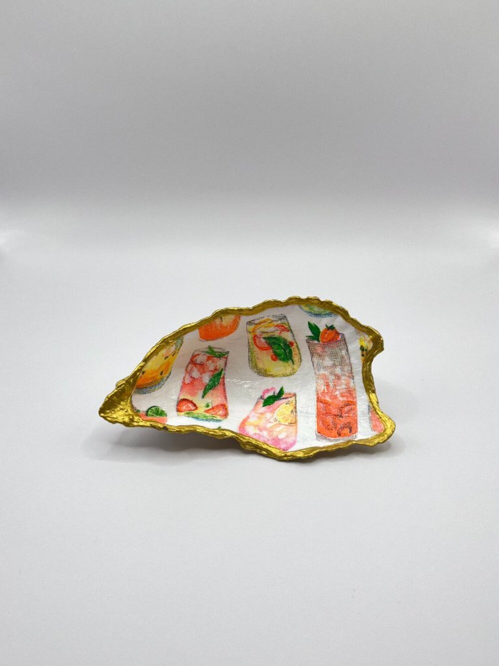 Handmade Gold-Rimmed Oyster Shell Trinket Dish – Summer Beverage Decoupage